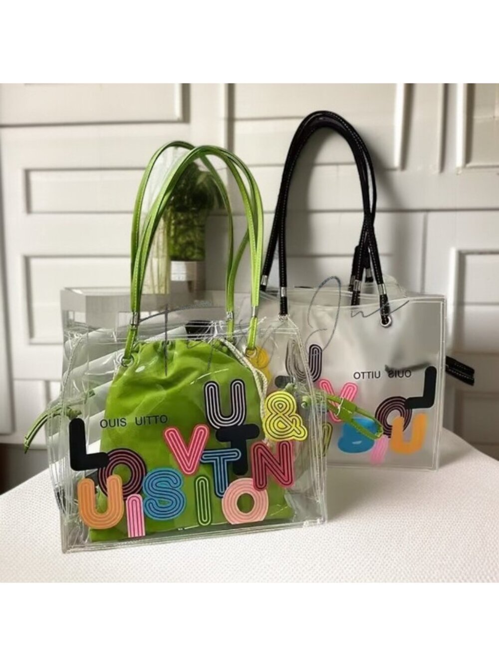 Clear Tote Bag With White Drawstring Pouch & Colorful Lettering Design - Picture 4 of 4